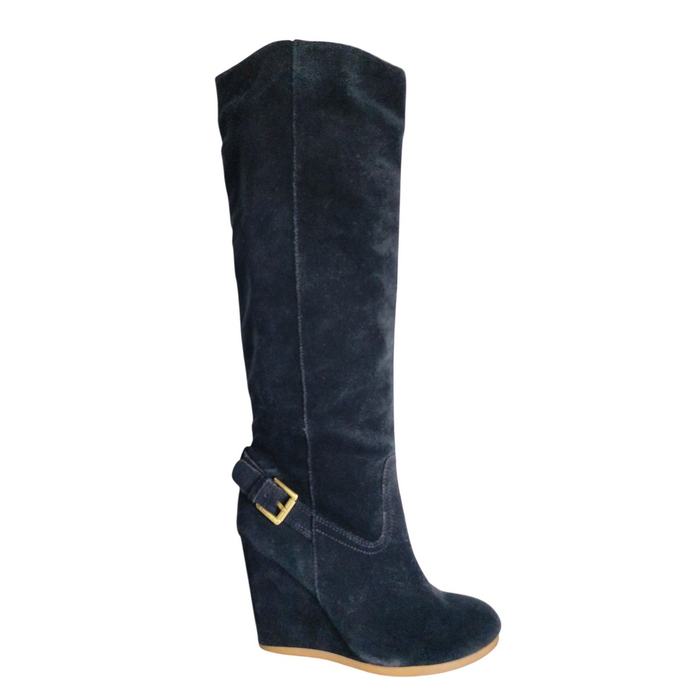 Coach Dorthy Black Suede Knee High Wedge Boots Gold Buckle F2370 6.5B